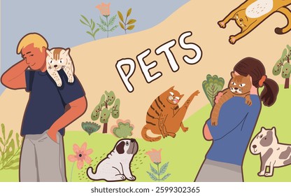 Collage, horizontal background, set of portraits of adorable pet owners and cute pets. Hand drawn vector illustration.