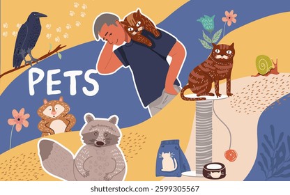 Collage, horizontal background, set of portraits of adorable pet owners and cute pets. Hand drawn vector illustration.