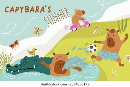 Collage, horizontal banner, background with cute capybara character, summer activities, scooter riding, swimming, crocodile, soccer game. Hand drawn vector.