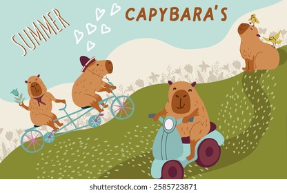 Collage, horizontal banner, background with cute capybara character, summer activities, scooter riding, swimming, crocodile, soccer game. Hand drawn vector.