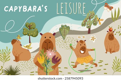 Collage, horizontal banner, background with cute capybara character, jump rope, bouquet, summer, trees, birds,. Hand drawn vector.