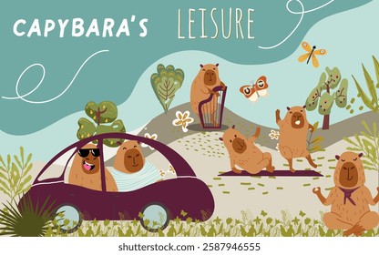 Collage, horizontal banner, background with cute capybara character, summer activities, musical instrument,  Hand drawn vector illustration.