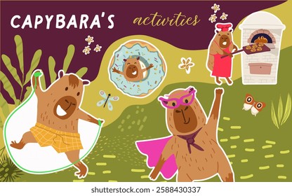 Collage, horizontal banner, background with cute capybara character, summer activities, bike riding, surf, sunbuthing. Hand drawn vector illustration.