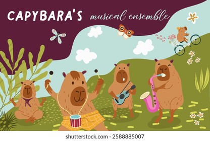 Collage, horizontal banner, background with cute capybara bake in the oven, buns, jump rope, hero, donut, fun characters. Hand drawn vector illustration.