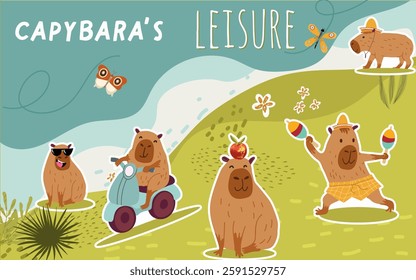 Collage, horizontal banner, background with cute capybara character, summer activities, scooter, riding. Hand drawn vector illustration.