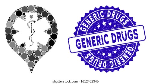 Collage hospital map marker icon and corroded stamp seal with Generic Drugs phrase. Mosaic vector is created with hospital map marker icon and with randomized round spots.