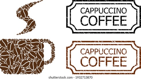 Collage hot coffee cup organized from coffee beans, and grunge Cappuccino Coffee rectangle seal stamps with notches.