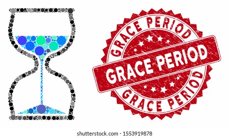 Collage hourglass and rubber stamp seal with Grace Period caption. Mosaic vector is designed with hourglass icon and with randomized spheric spots. Grace Period stamp seal uses red color,