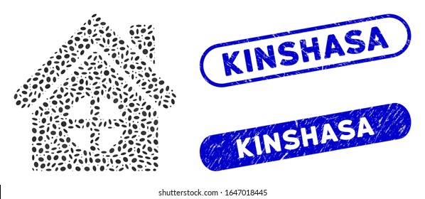 Collage house building and corroded stamp seals with Kinshasa text. Mosaic vector house building is formed with random oval parts. Kinshasa stamp seals use blue color, and have round rectangle shape.