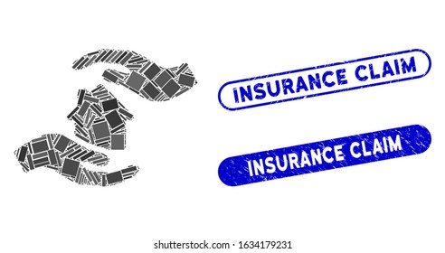 Collage house care hands and rubber stamp seals with Insurance Claim caption. Mosaic vector house care hands is formed with random rectangle items. Insurance Claim stamp seals use blue color,
