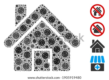 Collage house organized from SARS virus icons in different sizes and color hues. Vector pathogen items are united into abstract collage house icon. Some bonus icons are added.