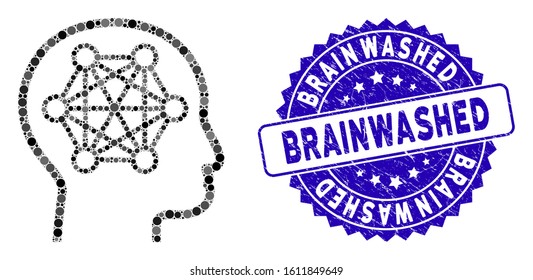 Collage human brain icon and rubber stamp seal with Brainwashed caption. Mosaic vector is formed with human brain icon and with random circle items. Brainwashed stamp seal uses blue color,