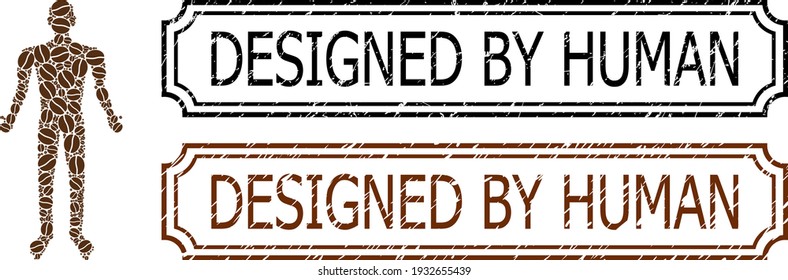 Collage human designed from cocoa grain, and grunge Designed by Human rectangle seal stamps with notches. Vector coffee icons are composed into abstract collage human icon with brown color.