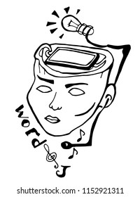 Collage with a human face and modern technology. For a trademark, technical production. Displays the work of the human mind. To refer to scientific societies