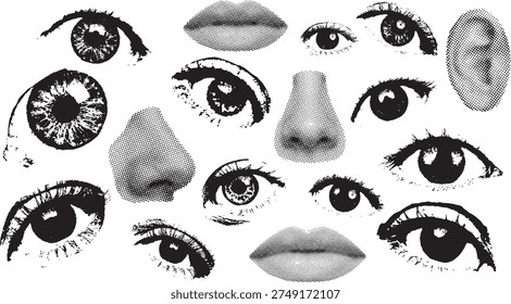 A collage of human facial features including multiple eyes, noses, and lips, rendered in a black and white halftone and solid graphic style on a white background, creating a surreal and fragmented portrait.
