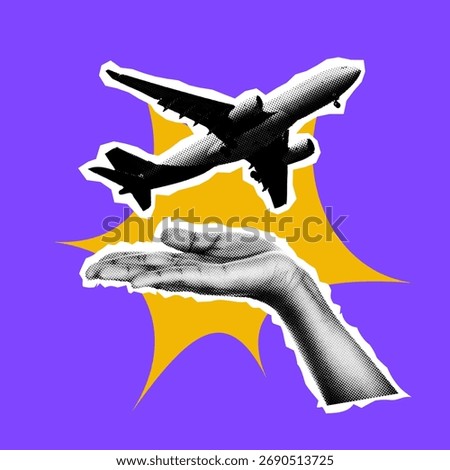 Collage with a human hand holding an airplane on a vibrant background. Travel, aviation marketing, and business trips. Great for branding, advertising, travel content, and web design.