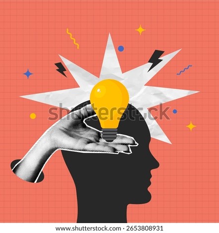 Collage of human head silhouette and halftone hand holding light bulb. Concept of brainstorm, creative idea or creative mind. Collage style poster with halftone elements. Vector illustration.