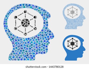 Collage Human memory icon composed of spheric and square elements in variable sizes, positions and proportions. Vector spheric and square elements are united into abstract shape human memory icons.