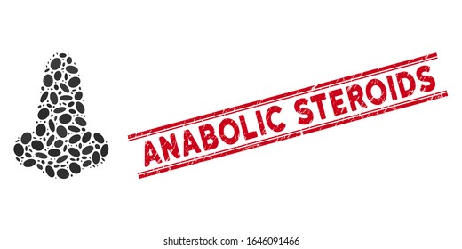 Collage human nose icon and rubber stamp seal with red Anabolic Steroids phrase between double parallel lines. Mosaic vector is designed with human nose pictogram and with scattered elliptic items.