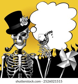 A collage with a human skeleton in a top hat with a smoking pipe, holding a glass with spilled wine and a talking bubble. Drawing in vintage engraving style. 
Vector illustration