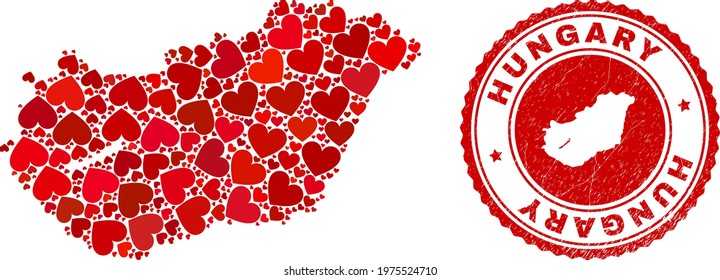 Collage Hungary map created with red love hearts, and scratched seal stamp. Vector lovely round red rubber seal stamp imitation with Hungary map inside.