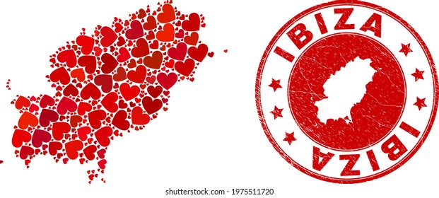 Collage Ibiza Island map composed with red love hearts, and rubber seal stamp. Vector lovely round red rubber seal imitation with Ibiza Island map inside.