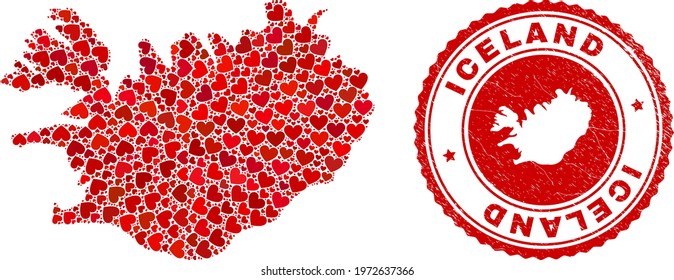 Collage Iceland map formed with red love hearts, and rubber seal stamp. Vector lovely round red rubber seal stamp imitation with Iceland map inside.