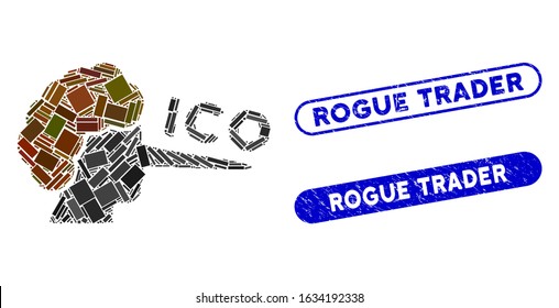 Collage ICO liar and rubber stamp seals with Rogue Trader caption. Mosaic vector ICO liar is formed with random rectangle items. Rogue Trader stamp seals use blue color,