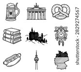 A collage of iconic German symbols including a beer stein, pretzel, Brandenburg Gate, castle, cuckoo clock, hot dog, TV tower, and map of Germany.