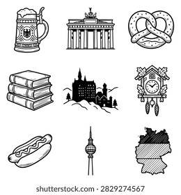 A collage of iconic German symbols including a beer stein, pretzel, Brandenburg Gate, castle, cuckoo clock, hot dog, TV tower, and map of Germany.