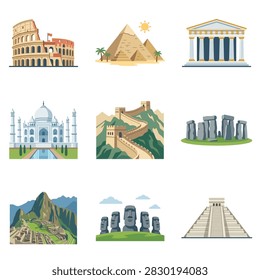 A collage of iconic global architectural marvels and historical sites representing diverse cultures and eras.