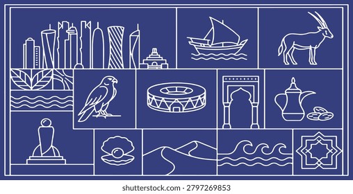 A collage of iconic symbols and landmarks from the Middle East, presented in a minimalist white line art style on a blue background.