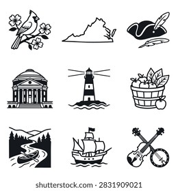 A collage of iconic symbols representing the state of Virginia, including landmarks and nature.