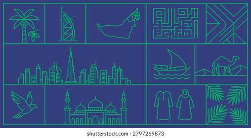 A collage of iconic symbols representing the United Arab Emirates, including landmarks, culture, and nature, presented in a minimalist line art style.