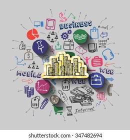  collage with icons background. Vector illustration