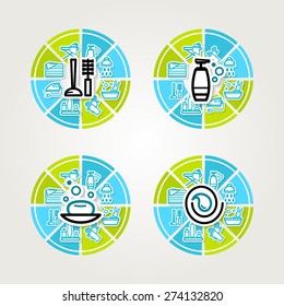 Collage with icons - a bathroom equipment, cleaning. A vector.