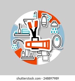 Collage with icons - a bathroom equipment. A vector.