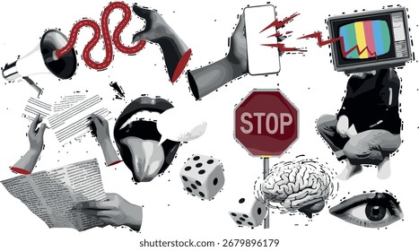 Colagem de ícones que simbolizam a comunicação, a mídia, o acaso e a saúde, representando os desafios do consumo moderno de informações e da tomada de decisões

