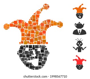 Collage Idiot head icon composed of square items in variable sizes and color hues. Vector square items are grouped into abstract collage idiot head icon. Bonus pictograms are added.