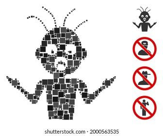 Collage Idiot icon united from square items in random sizes and color hues. Vector square elements are united into abstract collage idiot icon. Bonus pictograms are placed.