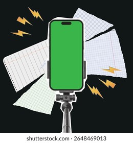 Collage illustration of a hand holding a selfie stick with a smartphone featuring a green screen. Ideal for customizable mockups, social media content, influencer design, and mobile UI presentation.