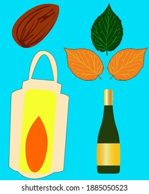 collage illustration showing almond, lamp, leaves, and champagne bottle