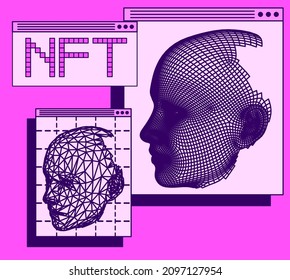 Collage illustration of user interface elements, 3D model of low poly human face. NFT image concept.