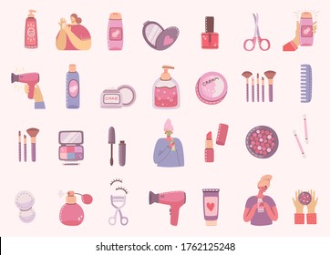Collage of illustrations with of cosmetics and body care products for make up near the girls . Vector modern illustration in modern flat style.