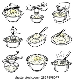 A collage of illustrations showing various ways to mash potatoes and serve them, including butter and steam.