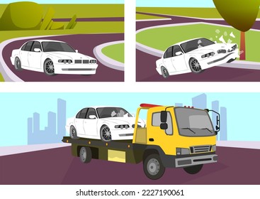 Collage with images of damaged automobile and tow truck recovering car on city street. Illustration