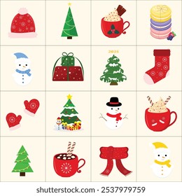 Collage of images including a snowman,christmas tree,sweet,red cup,scarf,hat,christmas set for design,vector illustration.