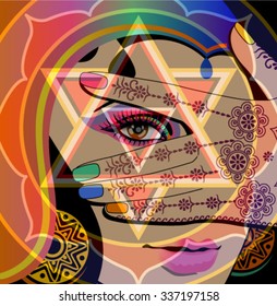 a collage of images of magical women and yantra