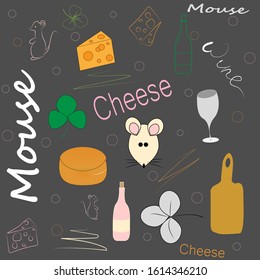 
collage with images of mice, cheese, wine, glass and inscriptions.
