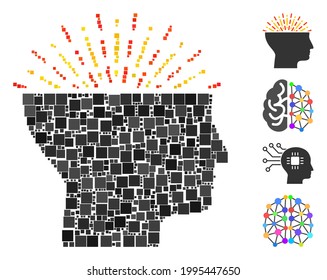 Collage Imagination icon composed of square elements in different sizes and color hues. Vector square elements are combined into abstract collage imagination icon. Bonus pictograms are added.